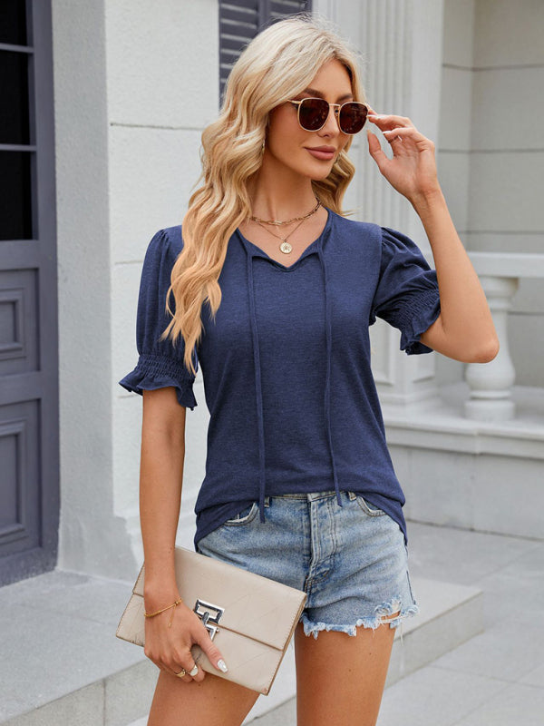 Blue Zone Planet | V-neck drawstring pleated solid color short-sleeved loose T-shirt BLUE ZONE PLANET