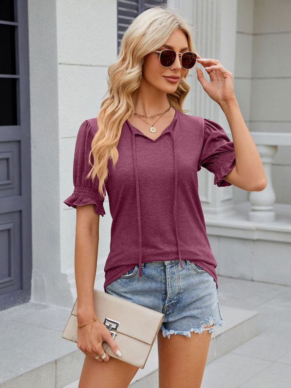 Blue Zone Planet | V-neck drawstring pleated solid color short-sleeved loose T-shirt BLUE ZONE PLANET
