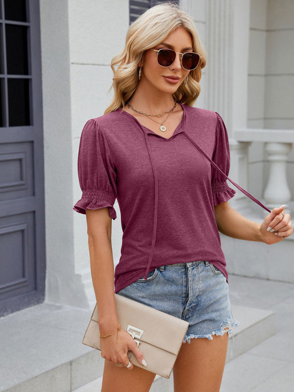 Blue Zone Planet | V-neck drawstring pleated solid color short-sleeved loose T-shirt BLUE ZONE PLANET