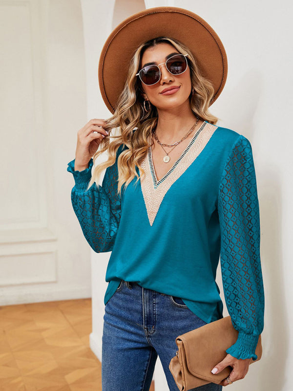 Blue Zone Planet | V-neck lace patchwork hollow long-sleeved loose top T-shirt BLUE ZONE PLANET