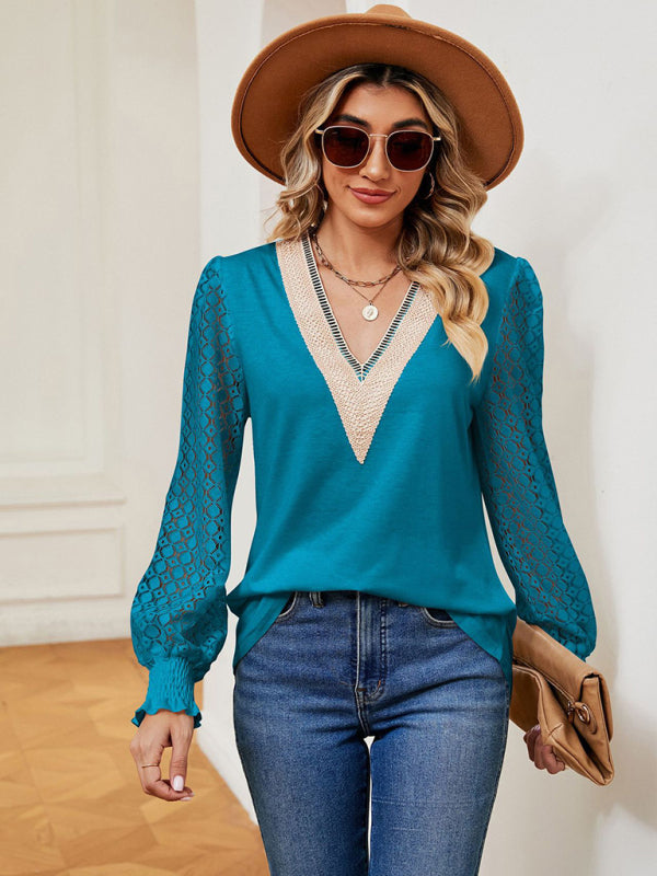 Blue Zone Planet | V-neck lace patchwork hollow long-sleeved loose top T-shirt BLUE ZONE PLANET