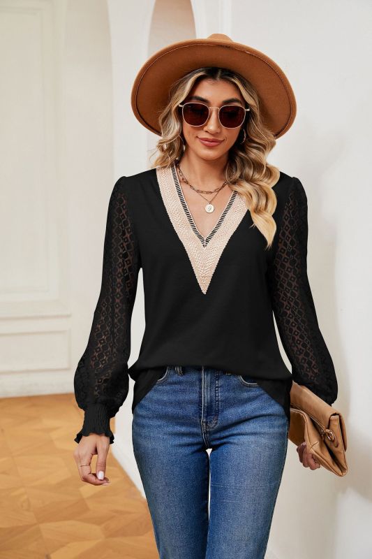 Blue Zone Planet | V-neck lace patchwork hollow long-sleeved loose top T-shirt BLUE ZONE PLANET