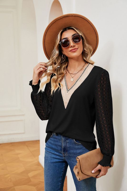 Blue Zone Planet | V-neck lace patchwork hollow long-sleeved loose top T-shirt BLUE ZONE PLANET