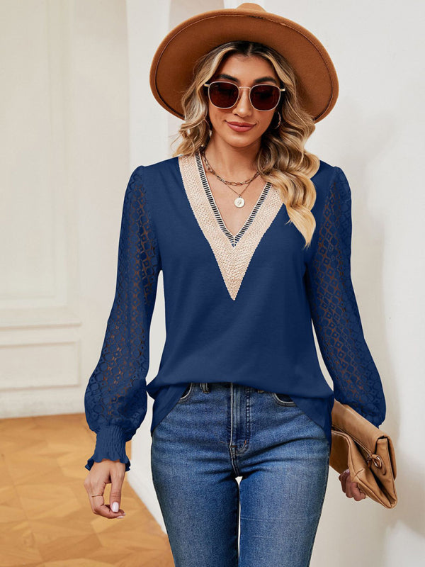 Blue Zone Planet | V-neck lace patchwork hollow long-sleeved loose top T-shirt BLUE ZONE PLANET