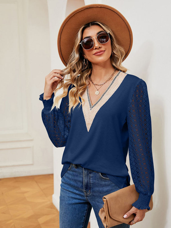 Blue Zone Planet | V-neck lace patchwork hollow long-sleeved loose top T-shirt BLUE ZONE PLANET