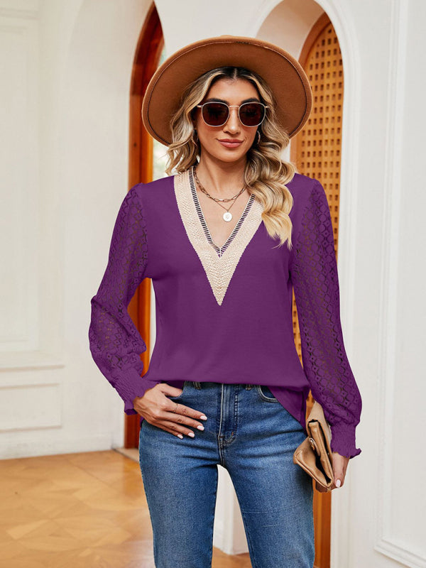 Blue Zone Planet | V-neck lace patchwork hollow long-sleeved loose top T-shirt BLUE ZONE PLANET