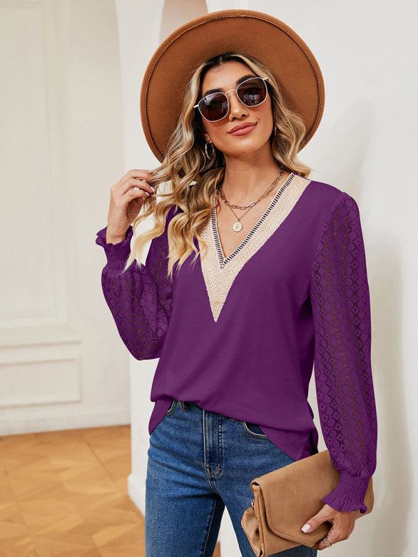 Blue Zone Planet | V-neck lace patchwork hollow long-sleeved loose top T-shirt BLUE ZONE PLANET