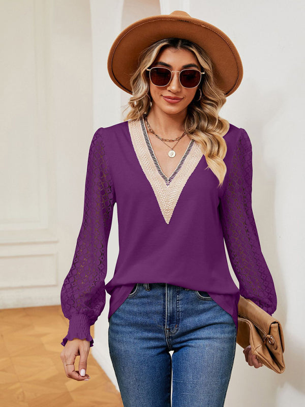 Blue Zone Planet | V-neck lace patchwork hollow long-sleeved loose top T-shirt BLUE ZONE PLANET