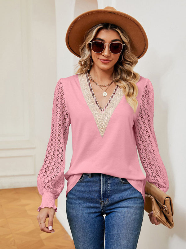 Blue Zone Planet | V-neck lace patchwork hollow long-sleeved loose top T-shirt BLUE ZONE PLANET