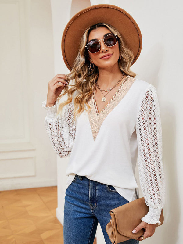 Blue Zone Planet | V-neck lace patchwork hollow long-sleeved loose top T-shirt BLUE ZONE PLANET