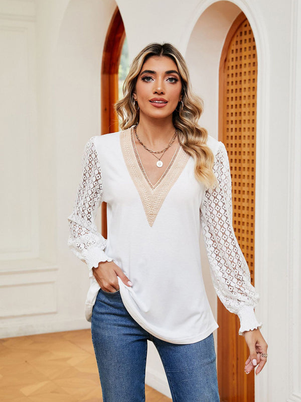 Blue Zone Planet | V-neck lace patchwork hollow long-sleeved loose top T-shirt BLUE ZONE PLANET