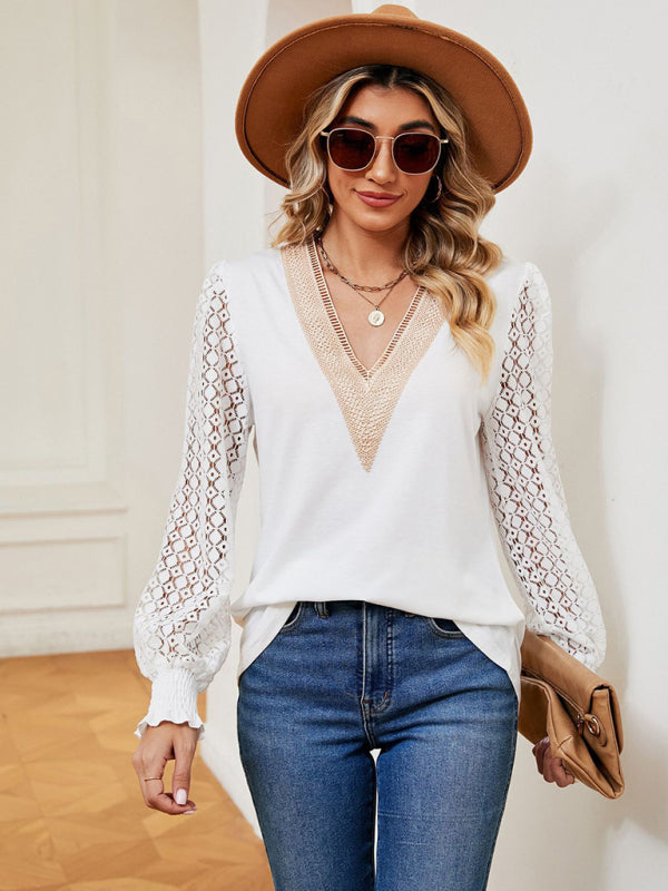 Blue Zone Planet | V-neck lace patchwork hollow long-sleeved loose top T-shirt BLUE ZONE PLANET