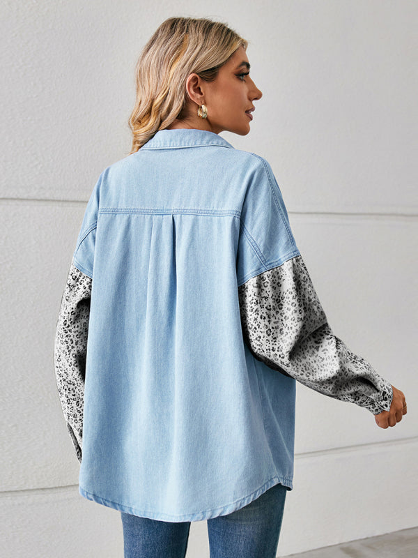 Blue Zone Planet | New loose leopard print patchwork denim shirt long sleeve top cardigan BLUE ZONE PLANET