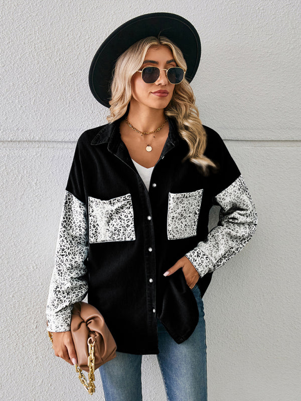 Blue Zone Planet | New loose leopard print patchwork denim shirt long sleeve top cardigan BLUE ZONE PLANET