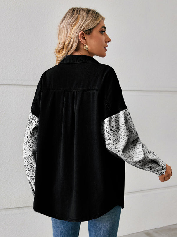 Blue Zone Planet | New loose leopard print patchwork denim shirt long sleeve top cardigan BLUE ZONE PLANET