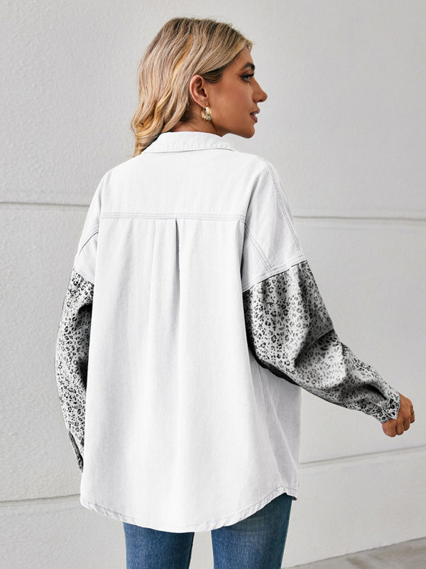 Blue Zone Planet | New loose leopard print patchwork denim shirt long sleeve top cardigan BLUE ZONE PLANET