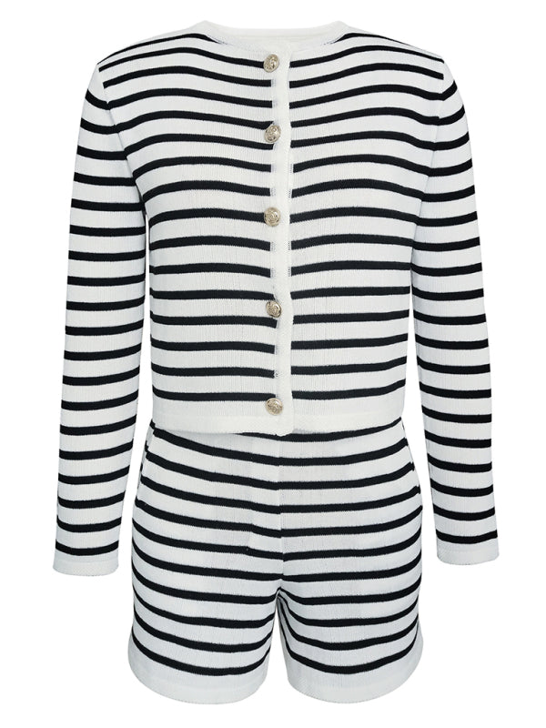 striped simple cardigan shorts two-piece suit BLUE ZONE PLANET