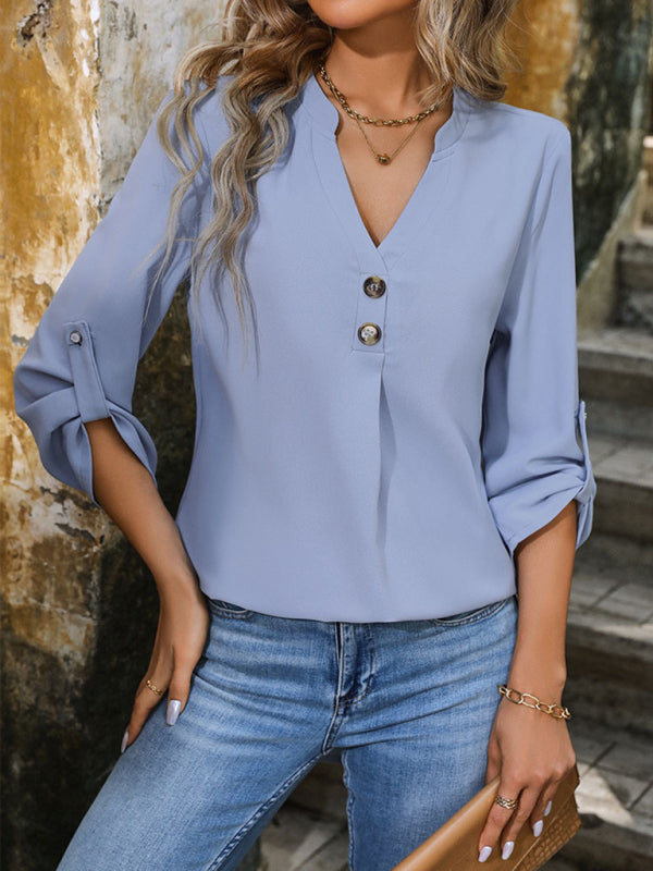 Blue Zone Planet | Elegant Commuting V-Neck Button-Down Pullover Shirt BLUE ZONE PLANET