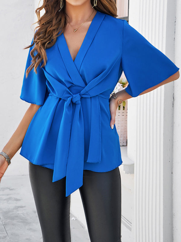 Blue Zone Planet | solid color elegant short sleeve strappy tunic top BLUE ZONE PLANET