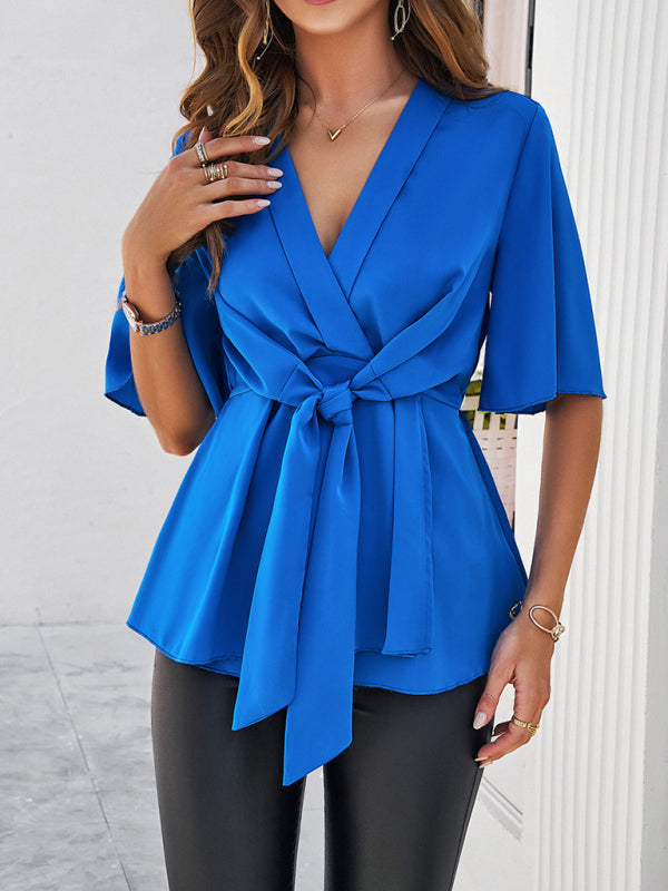 Blue Zone Planet | solid color elegant short sleeve strappy tunic top BLUE ZONE PLANET