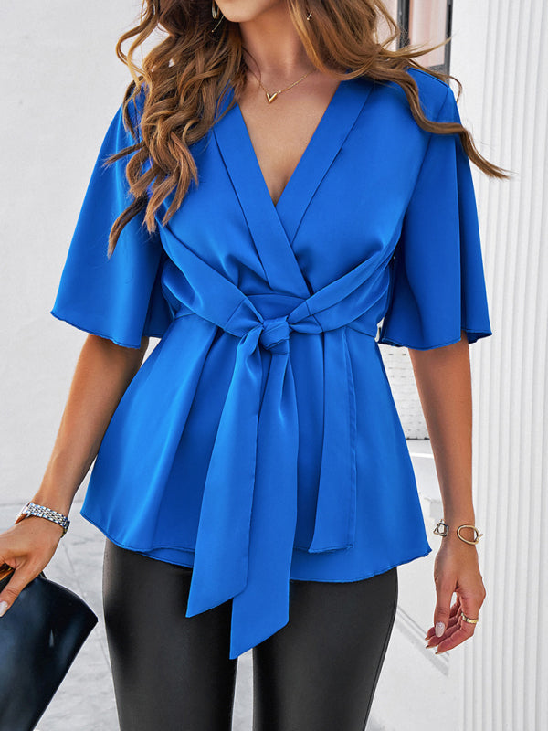 Blue Zone Planet | solid color elegant short sleeve strappy tunic top BLUE ZONE PLANET