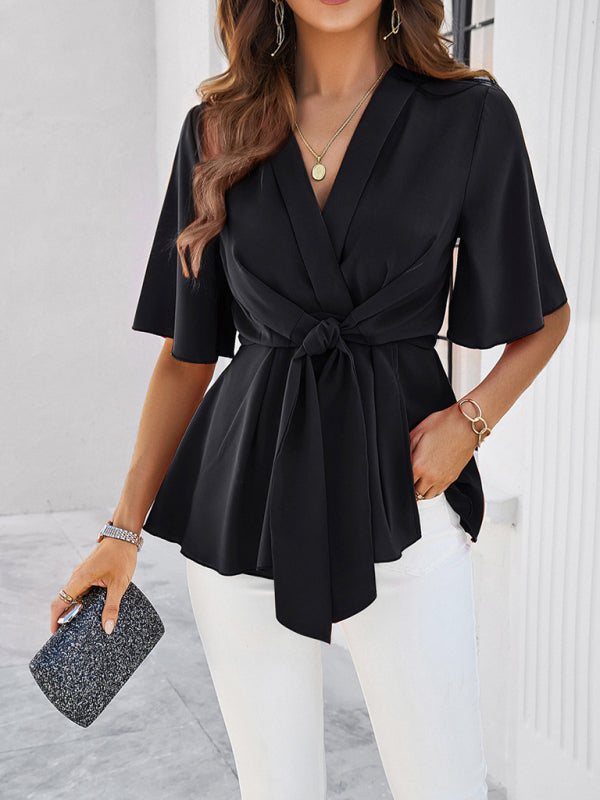 Blue Zone Planet | solid color elegant short sleeve strappy tunic top BLUE ZONE PLANET