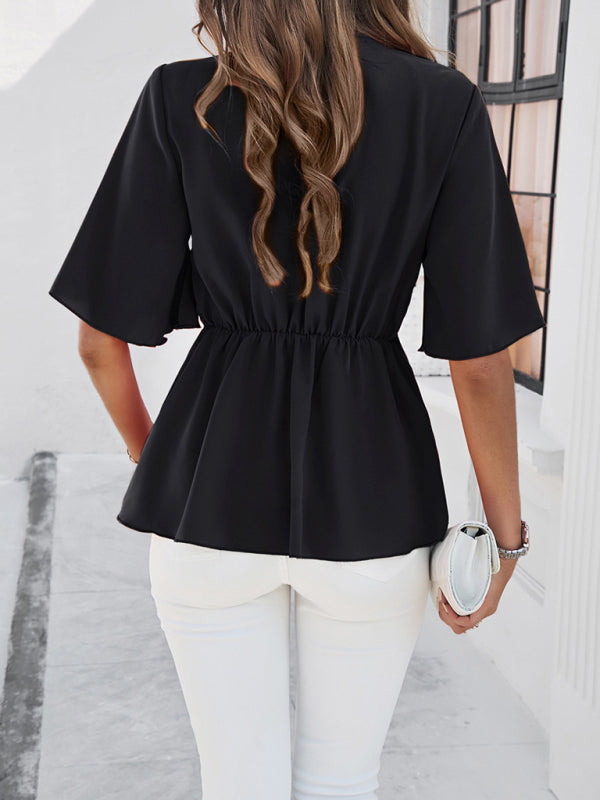Blue Zone Planet | solid color elegant short sleeve strappy tunic top BLUE ZONE PLANET
