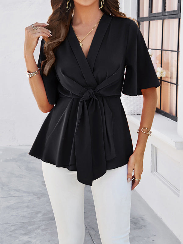Blue Zone Planet | solid color elegant short sleeve strappy tunic top BLUE ZONE PLANET