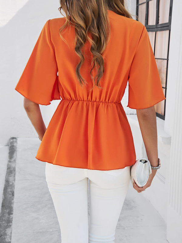Blue Zone Planet | solid color elegant short sleeve strappy tunic top BLUE ZONE PLANET