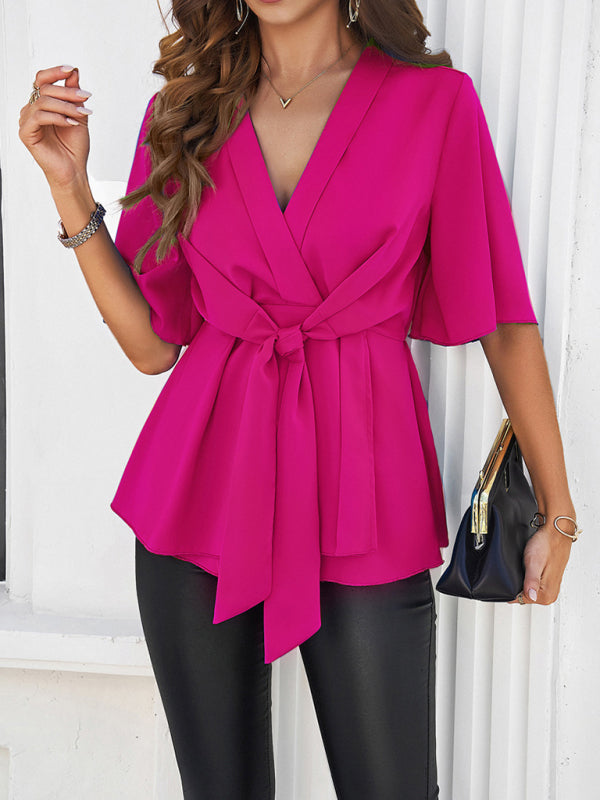 Blue Zone Planet | solid color elegant short sleeve strappy tunic top BLUE ZONE PLANET