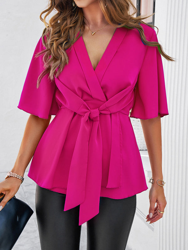 Blue Zone Planet | solid color elegant short sleeve strappy tunic top BLUE ZONE PLANET