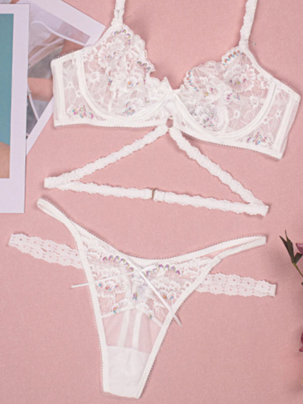 Blue Zone Planet | flower embroidered lingerie set lace thong bra three-piece set with underwire BLUE ZONE PLANET