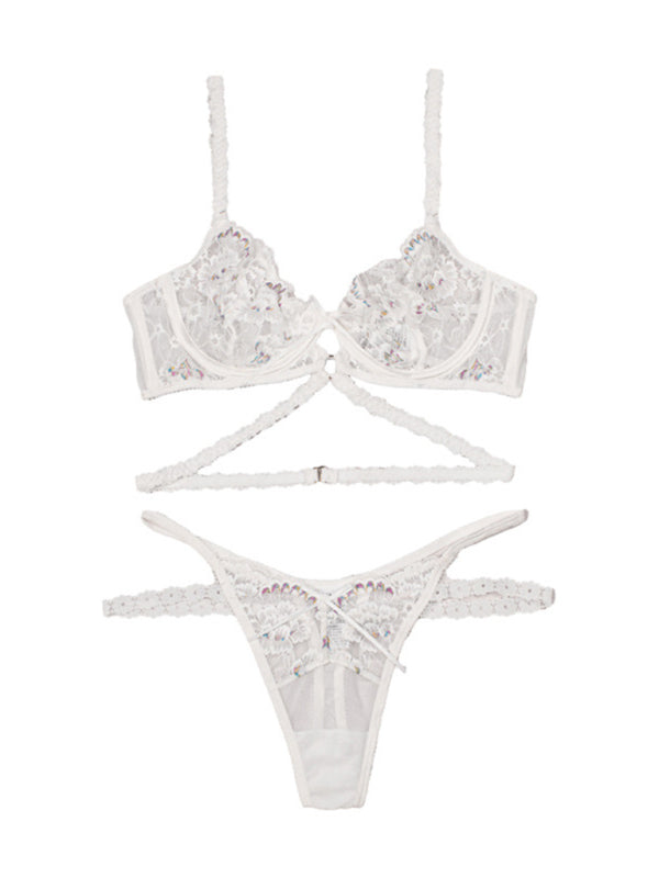 Blue Zone Planet | flower embroidered lingerie set lace thong bra three-piece set with underwire BLUE ZONE PLANET