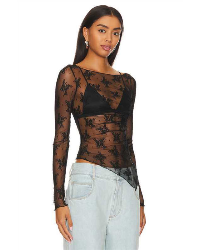 Blue Zone Planet | mesh see-through small stand-up collar long-sleeved lace shirt BLUE ZONE PLANET