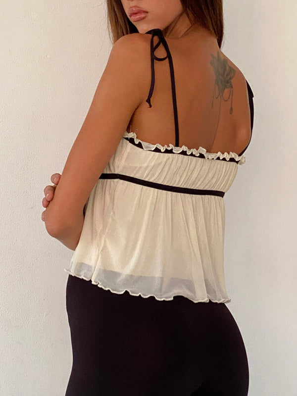 Blue Zone Planet | Hot Girl Lace Bow Small Spaghetti Strap Solid Color Lace Curly Top kakaclo