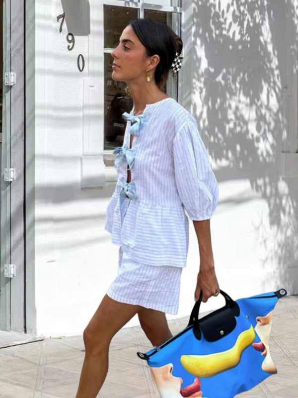 Blue Zone Planet | bow striped short-sleeved shirt + shorts set BLUE ZONE PLANET