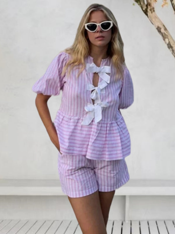 Blue Zone Planet | bow striped short-sleeved shirt + shorts set BLUE ZONE PLANET