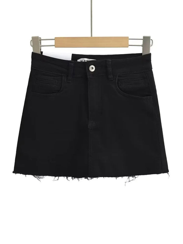 Blue Zone Planet | Hot girl's high-waist elastic hip-covering slim-fit anti-exposure raw edge A-line denim skirt BLUE ZONE PLANET