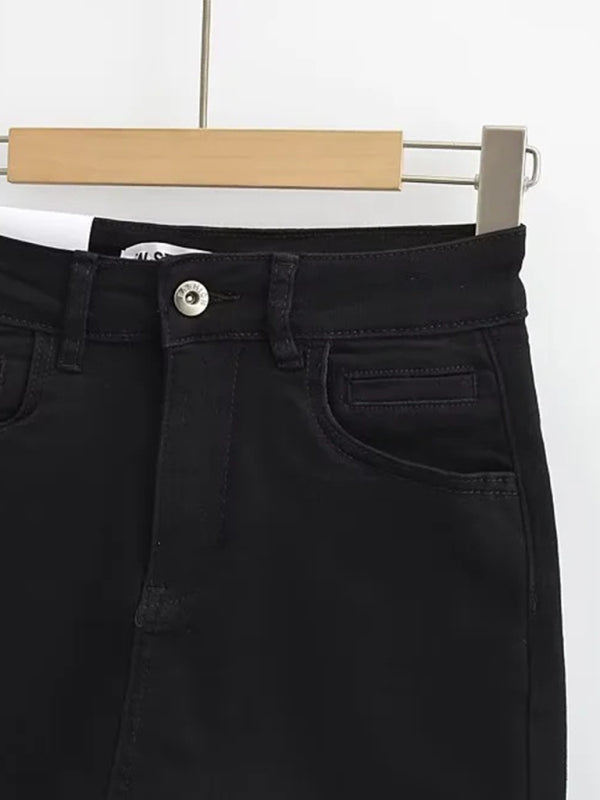 Blue Zone Planet | Hot girl's high-waist elastic hip-covering slim-fit anti-exposure raw edge A-line denim skirt BLUE ZONE PLANET