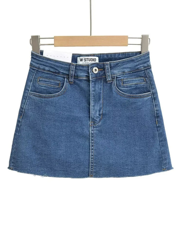 Blue Zone Planet | Hot girl's high-waist elastic hip-covering slim-fit anti-exposure raw edge A-line denim skirt BLUE ZONE PLANET