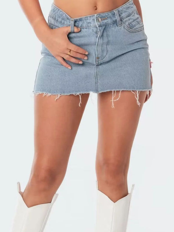 Blue Zone Planet | Hot girl's high-waist elastic hip-covering slim-fit anti-exposure raw edge A-line denim skirt BLUE ZONE PLANET