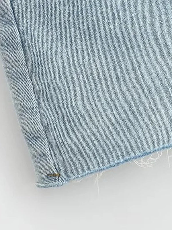 Blue Zone Planet | Hot girl's high-waist elastic hip-covering slim-fit anti-exposure raw edge A-line denim skirt BLUE ZONE PLANET