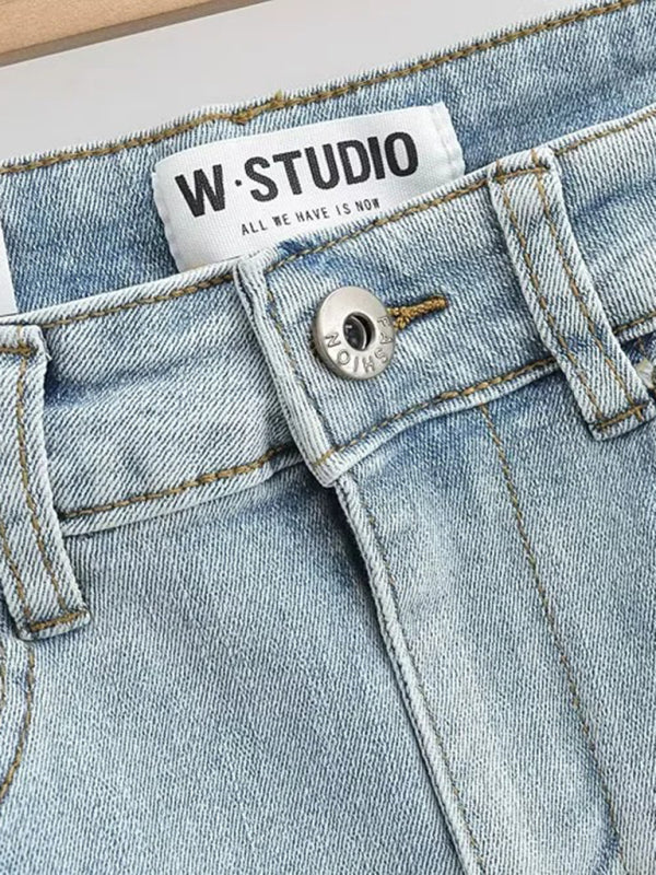 Blue Zone Planet | Hot girl's high-waist elastic hip-covering slim-fit anti-exposure raw edge A-line denim skirt BLUE ZONE PLANET
