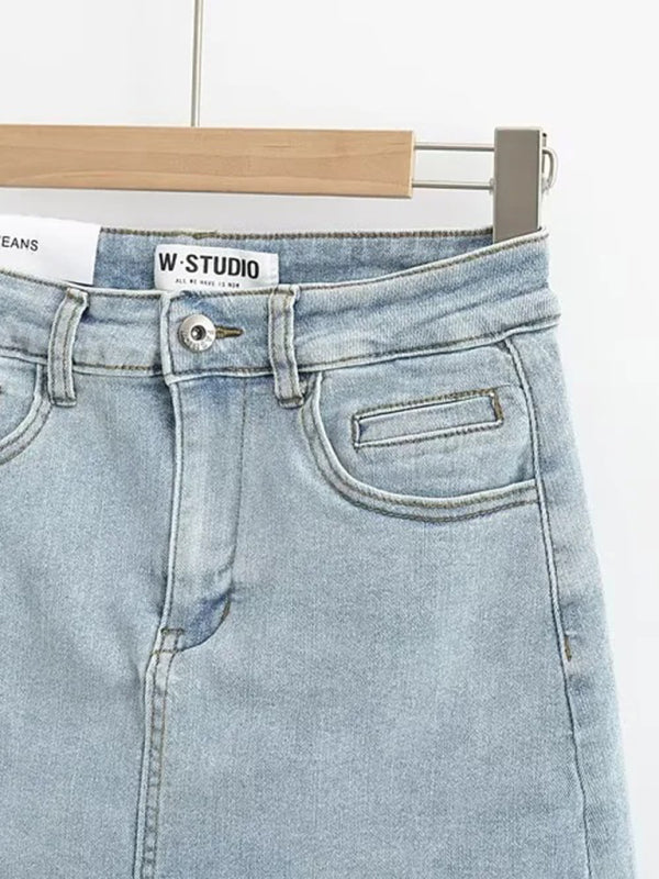 Blue Zone Planet | Hot girl's high-waist elastic hip-covering slim-fit anti-exposure raw edge A-line denim skirt BLUE ZONE PLANET