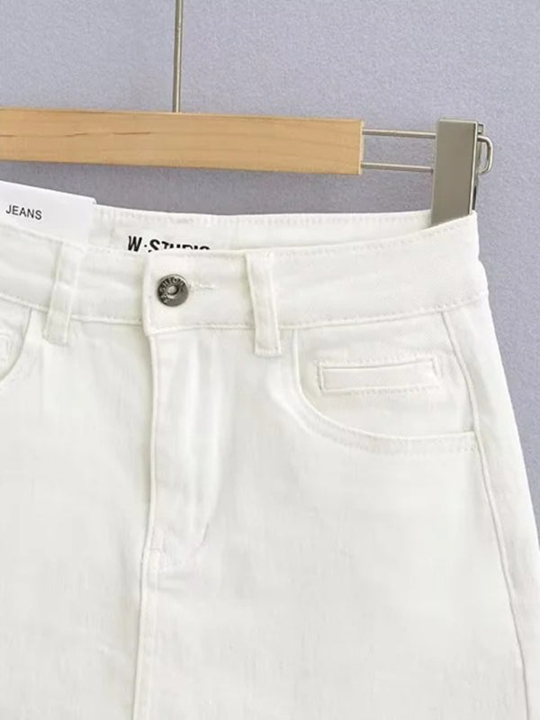Blue Zone Planet | Hot girl's high-waist elastic hip-covering slim-fit anti-exposure raw edge A-line denim skirt BLUE ZONE PLANET