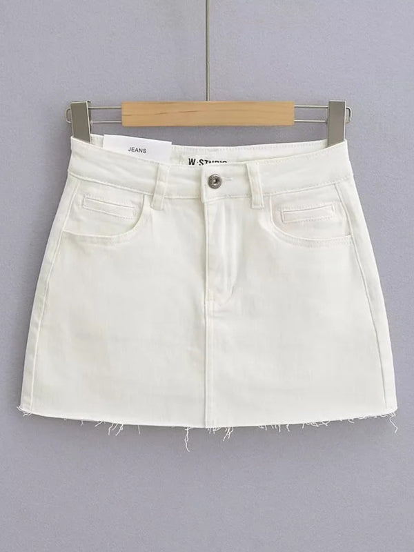 Blue Zone Planet | Hot girl's high-waist elastic hip-covering slim-fit anti-exposure raw edge A-line denim skirt BLUE ZONE PLANET