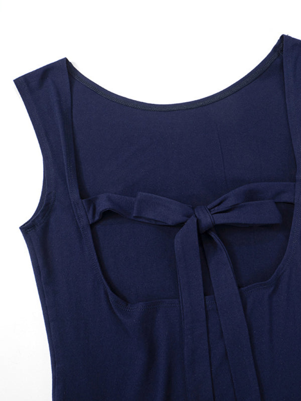 Elowen's round neck slim fit pullover patchwork backless solid color top BLUE ZONE PLANET