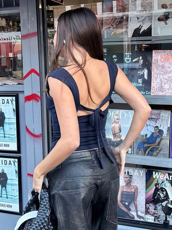 Elowen's round neck slim fit pullover patchwork backless solid color top BLUE ZONE PLANET