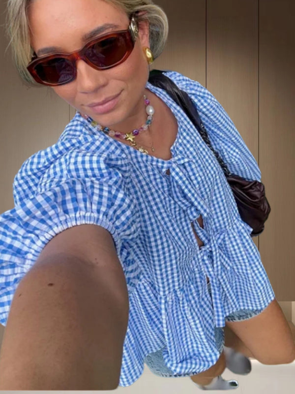 Blue Zone Planet | New Sweet Casual Strappy Round Neck Puff Sleeve Versatile Shirt kakaclo