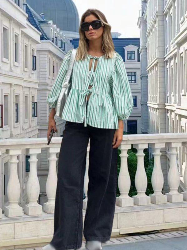 Blue Zone Planet | New Sweet Casual Strappy Round Neck Puff Sleeve Versatile Shirt kakaclo